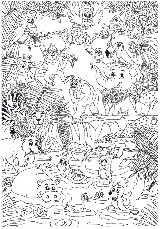 Disegno da colorare animali nella giungla