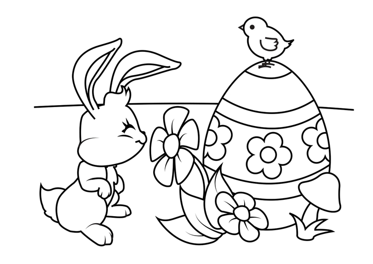 Disegno da colorare Coniglietto di pasqua con uovo di Pasqua e pulcino