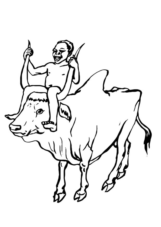 Disegno da colorare ragazzo su una mucca