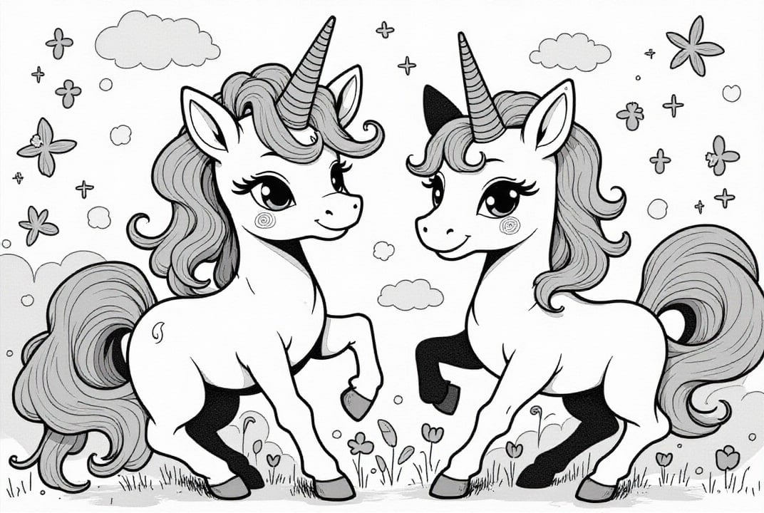 Disegno da colorare amici unicorno nel prato