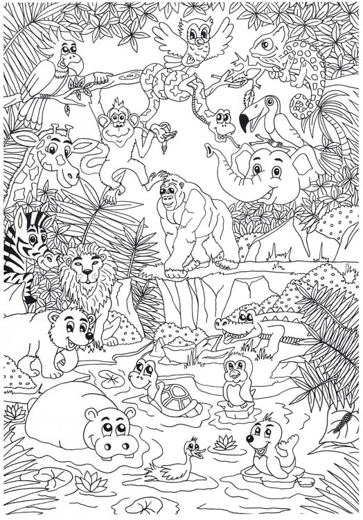 Disegno da colorare animali nella giungla