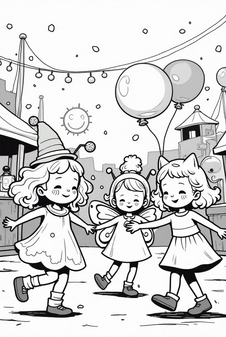 Disegno da colorare bambini con palloncini che festeggiano il carnevale