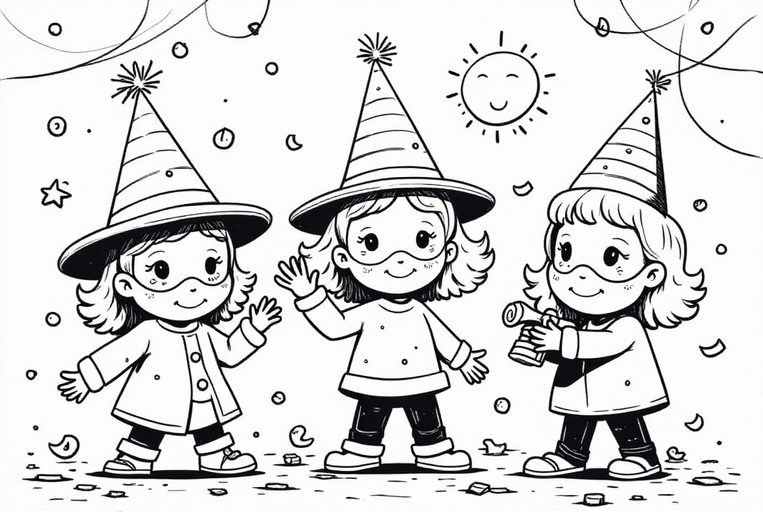 Disegno da colorare bambini mascherati al carnevale