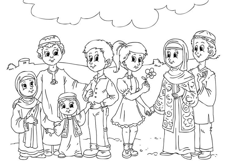 Disegno da colorare bambini musulman con bimbi occidentali
