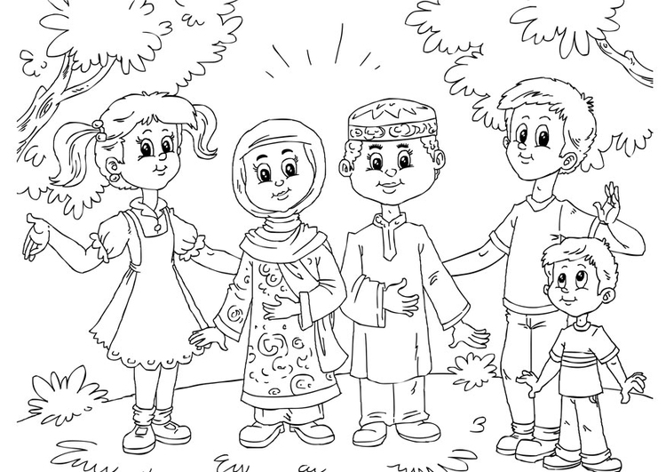 Disegno da colorare bambini musulmano con bimbi occidentali