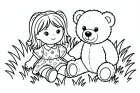 disegno-da-colorare bambola e orso nell'erba