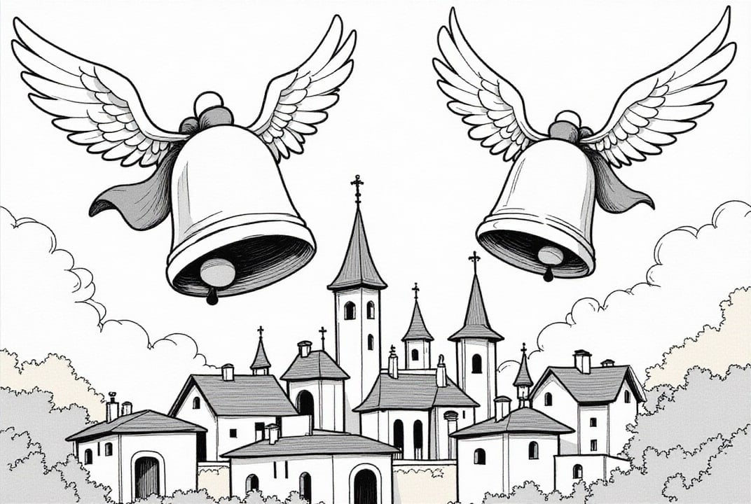 Disegno da colorare campane di Pasqua sopra il villaggio
