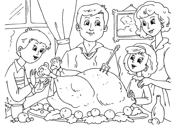 Disegno da colorare cena del thanksgiving con la famiglia