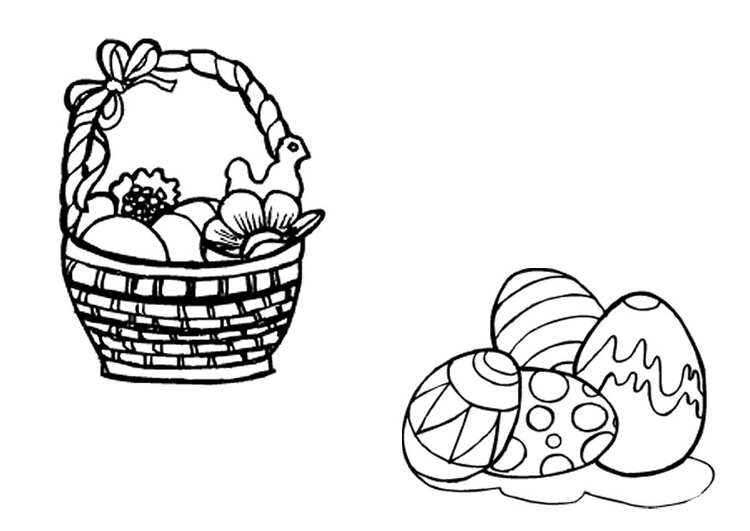 Disegno da colorare cesto e uova pasquali