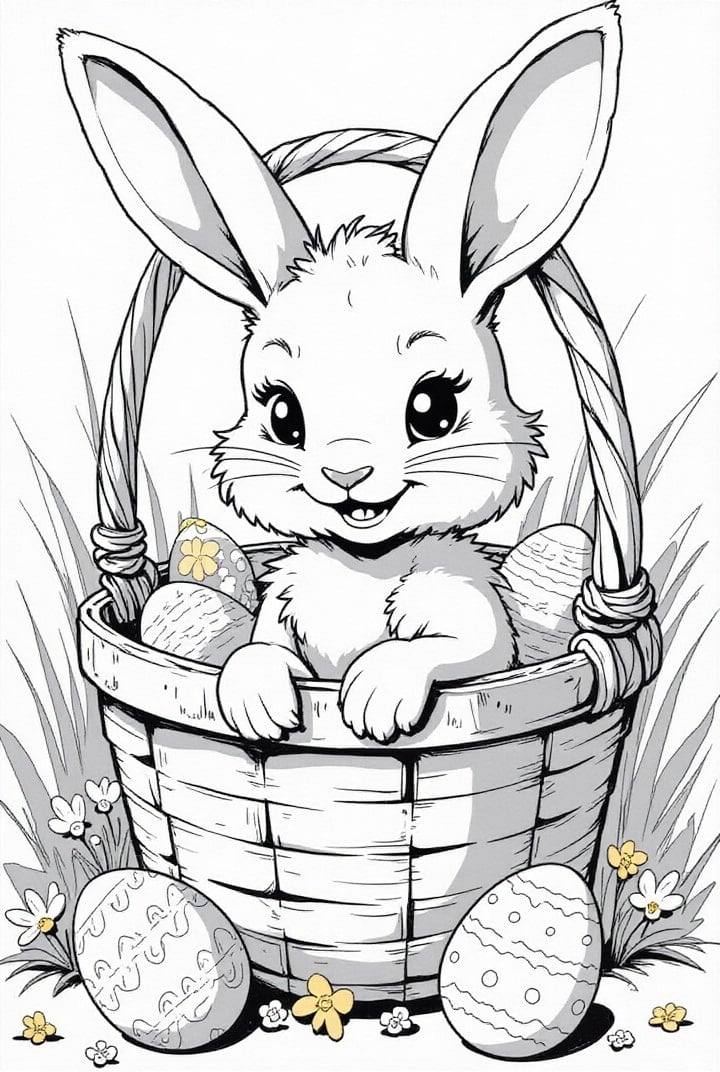 Disegno da colorare coniglietto pasquale nel cestino di Pasqua