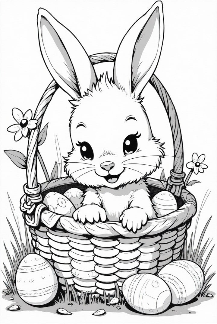 Disegno da colorare coniglietto pasquale nel cestino di Pasqua