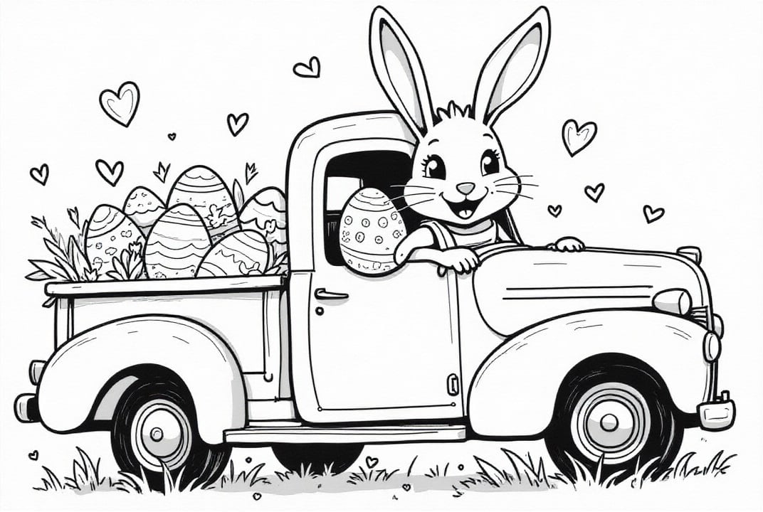 Disegno da colorare coniglio pasquale nel camion