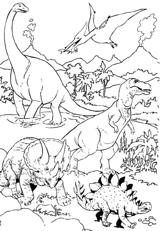 Disegno da colorare Dinosauri nel paesaggio