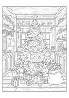 Disegno da colorare elfi di natale all'albero di natale