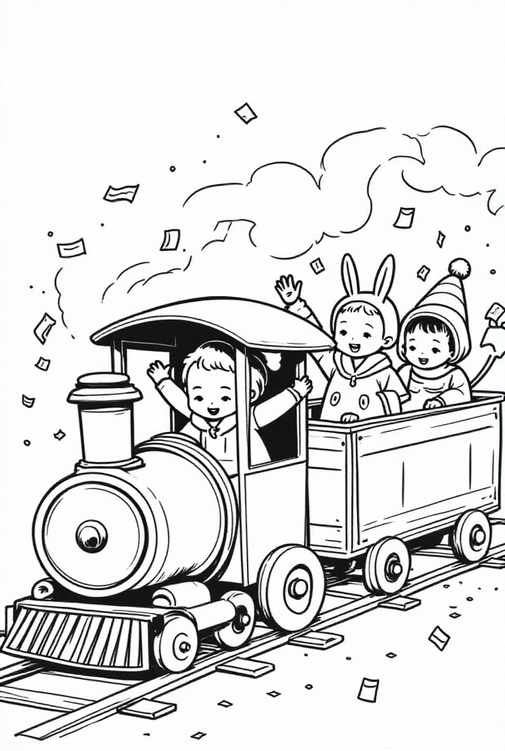 Disegno da colorare festa di carnevale su un treno