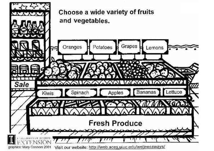 Disegno da colorare frutta e verdura fresche