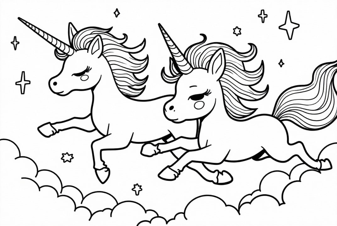 Disegno da colorare gli unicorni volano nella notte
