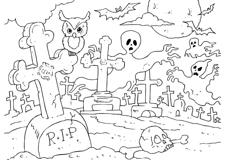 Disegno da colorare halloween cimitero