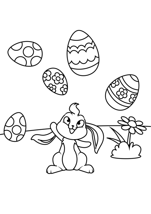 Disegno da colorare Il coniglietto di pasqua gioca con le uova di Pasqua