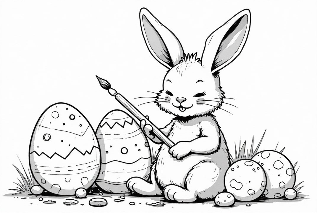 Disegno da colorare il coniglio pasquale dipinge le uova