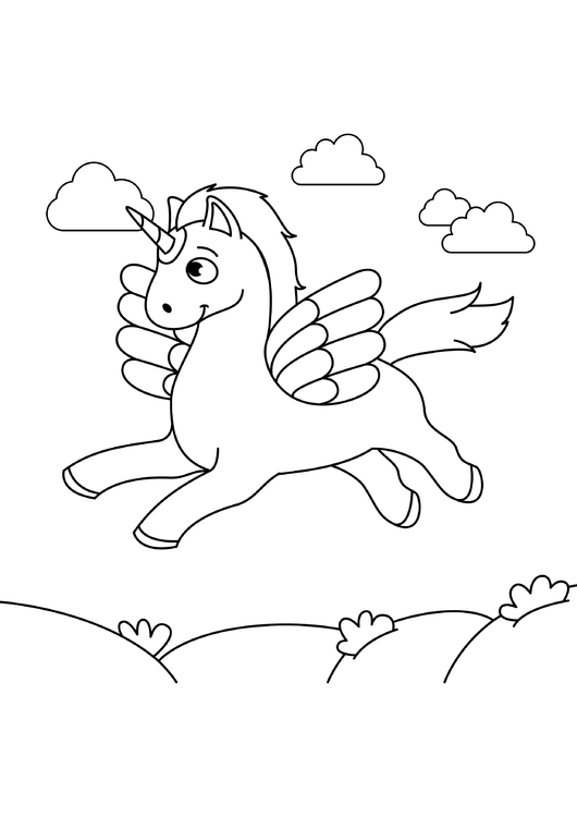 Disegno da colorare l&#39;unicorno vola nel cielo