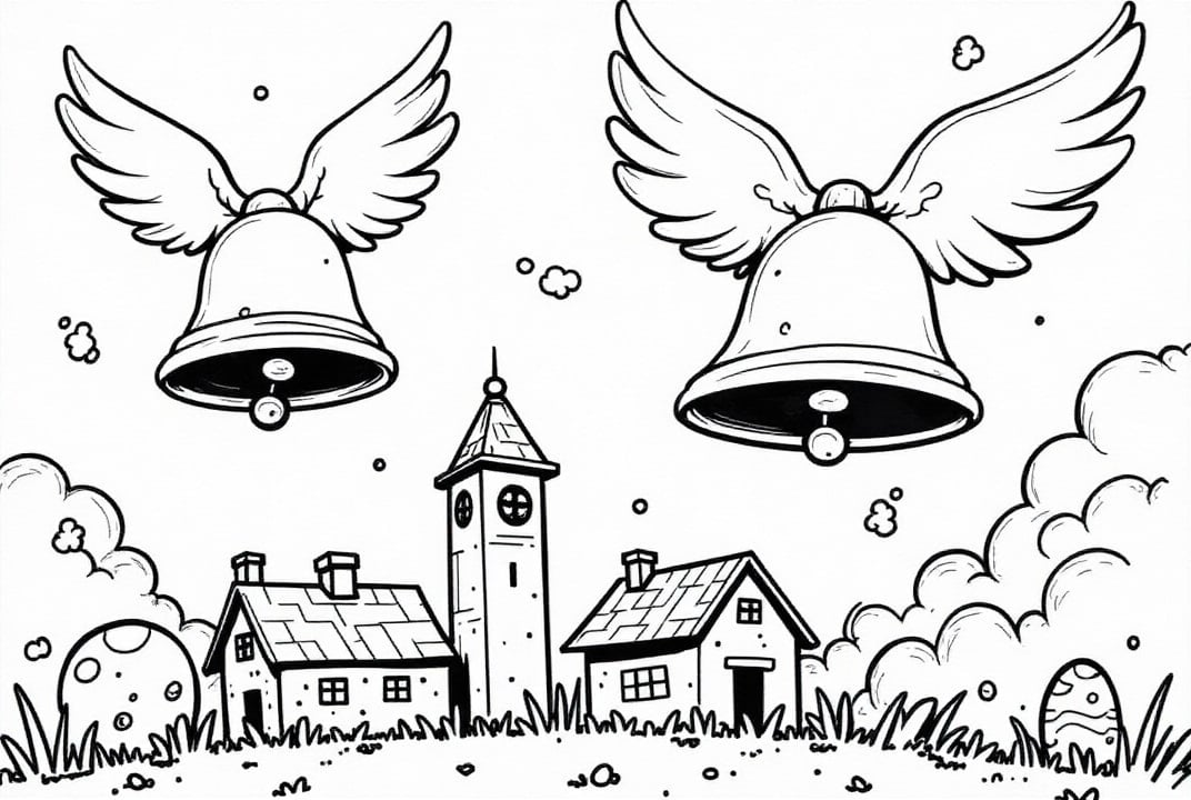 Disegno da colorare Le campane di Pasqua volano sopra il villaggio