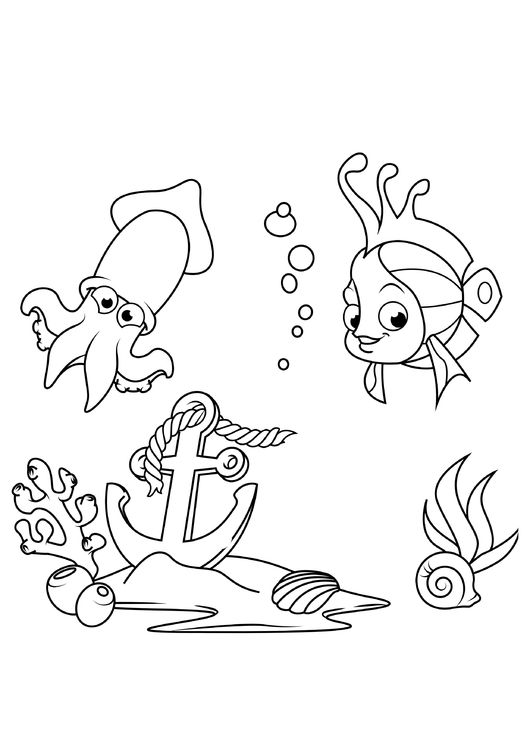 Disegno da colorare pesce e calamari