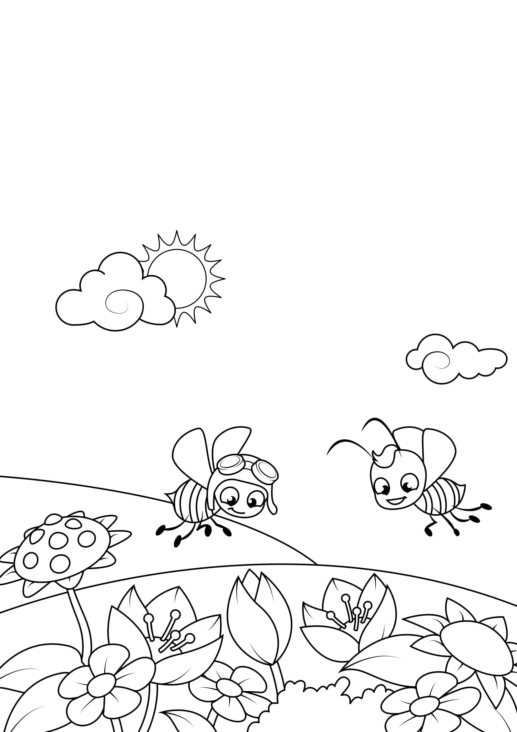 Disegno da colorare primavera, api in giardino