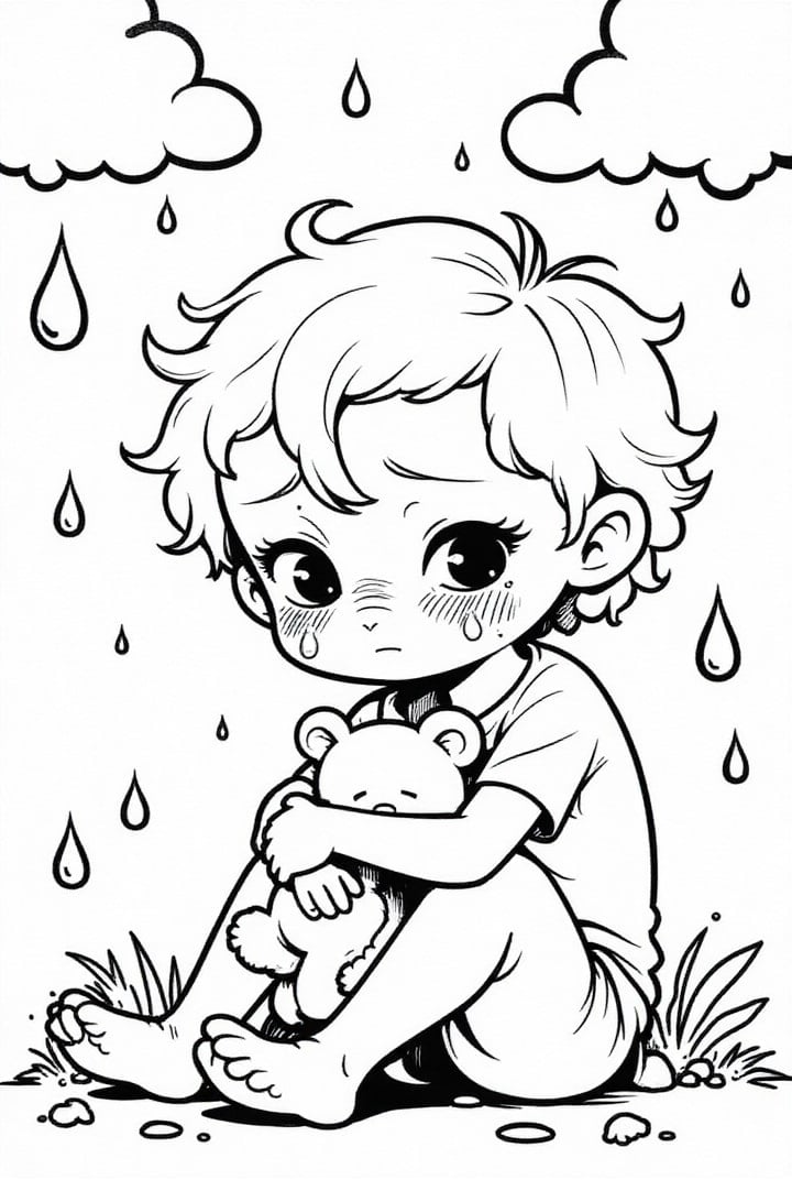 Disegno da colorare ragazzo triste con orso
