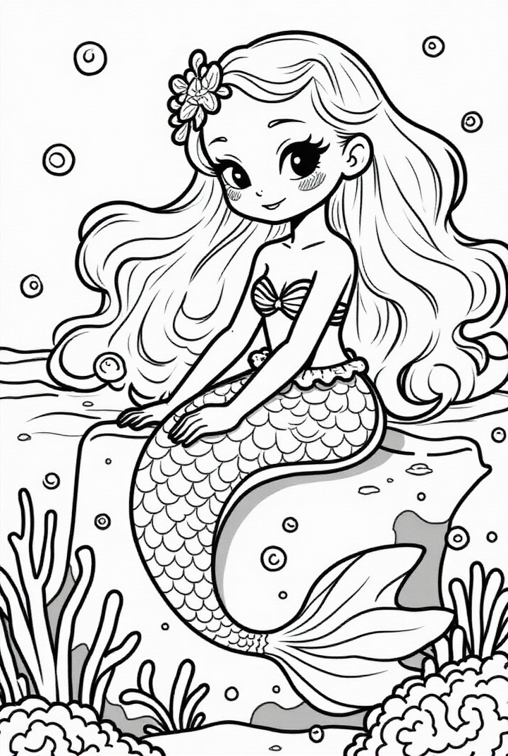 Disegno da colorare sirena carina nel mare