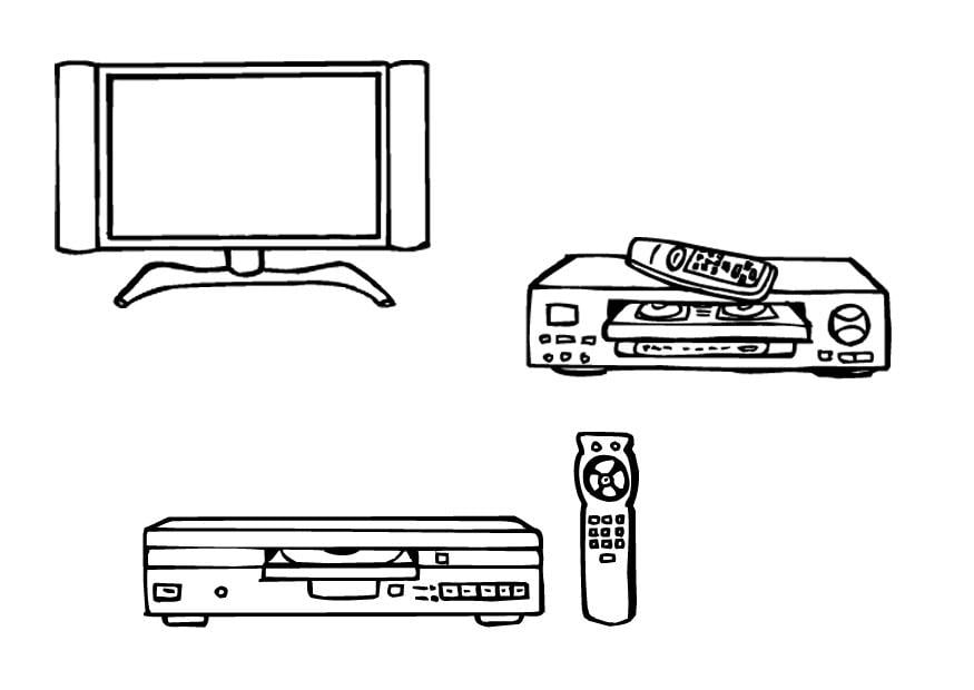 Disegno da colorare televisione, videoregistratore, dvd