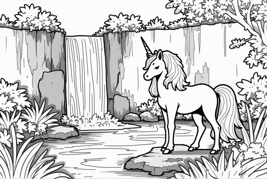 Disegno da colorare unicorno alla cascata