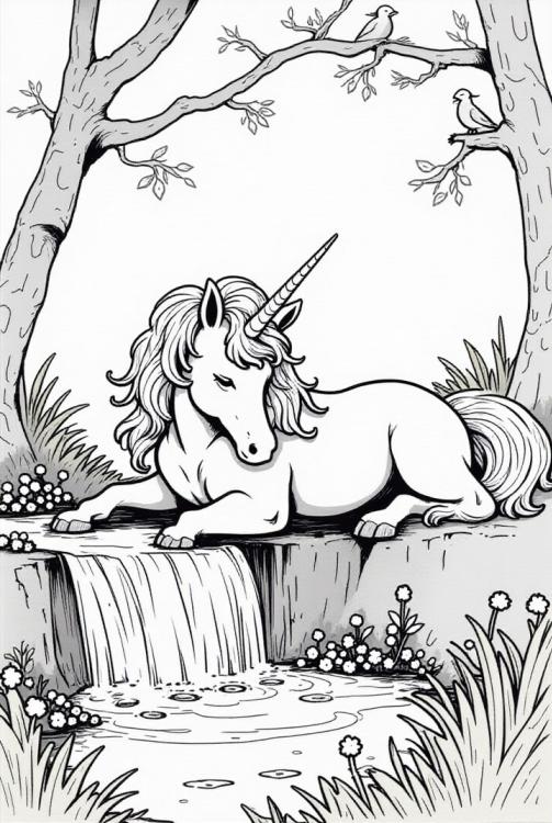 unicorno che riposa in riva al fiume