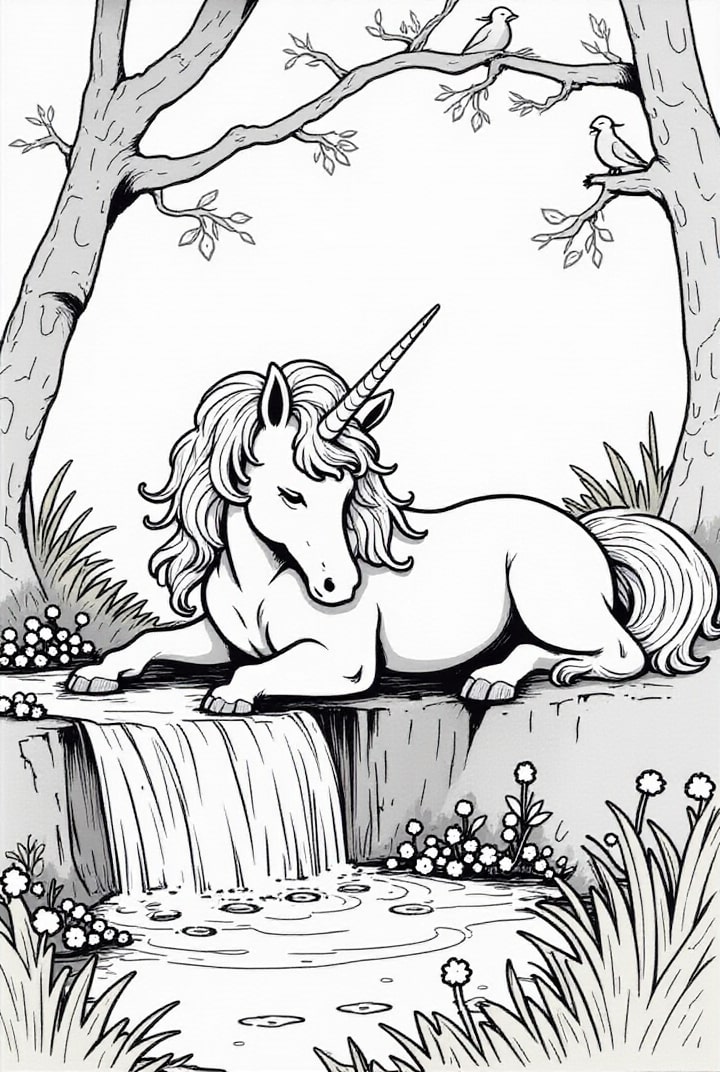 Disegno da colorare unicorno che riposa in riva al fiume