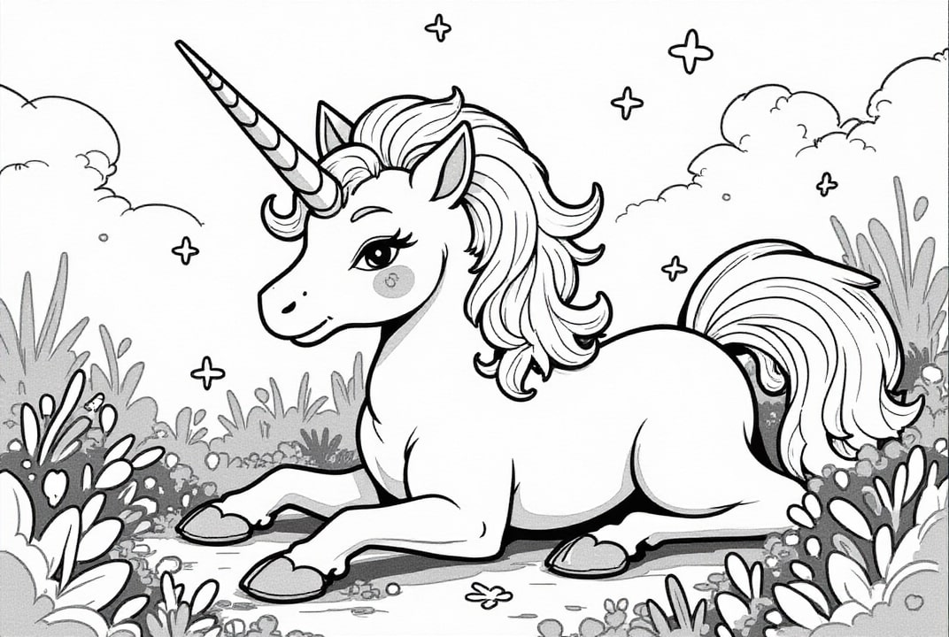 Disegno da colorare unicorno che riposa nel prato