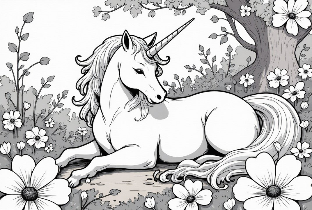 Disegno da colorare unicorno che riposa nella foresta