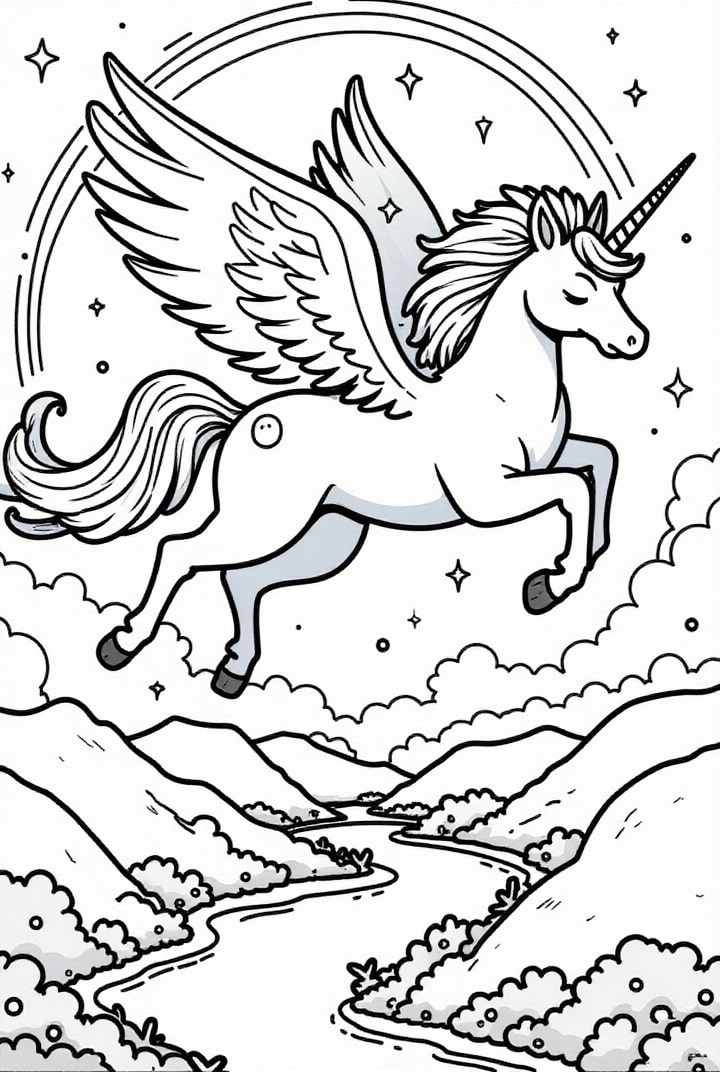 Disegno da colorare unicorno che vola nel cielo