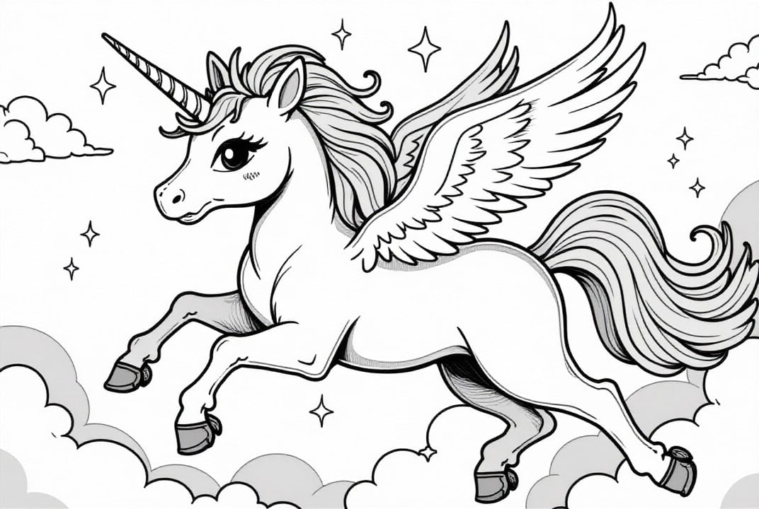 Disegno da colorare unicorno che vola nel cielo
