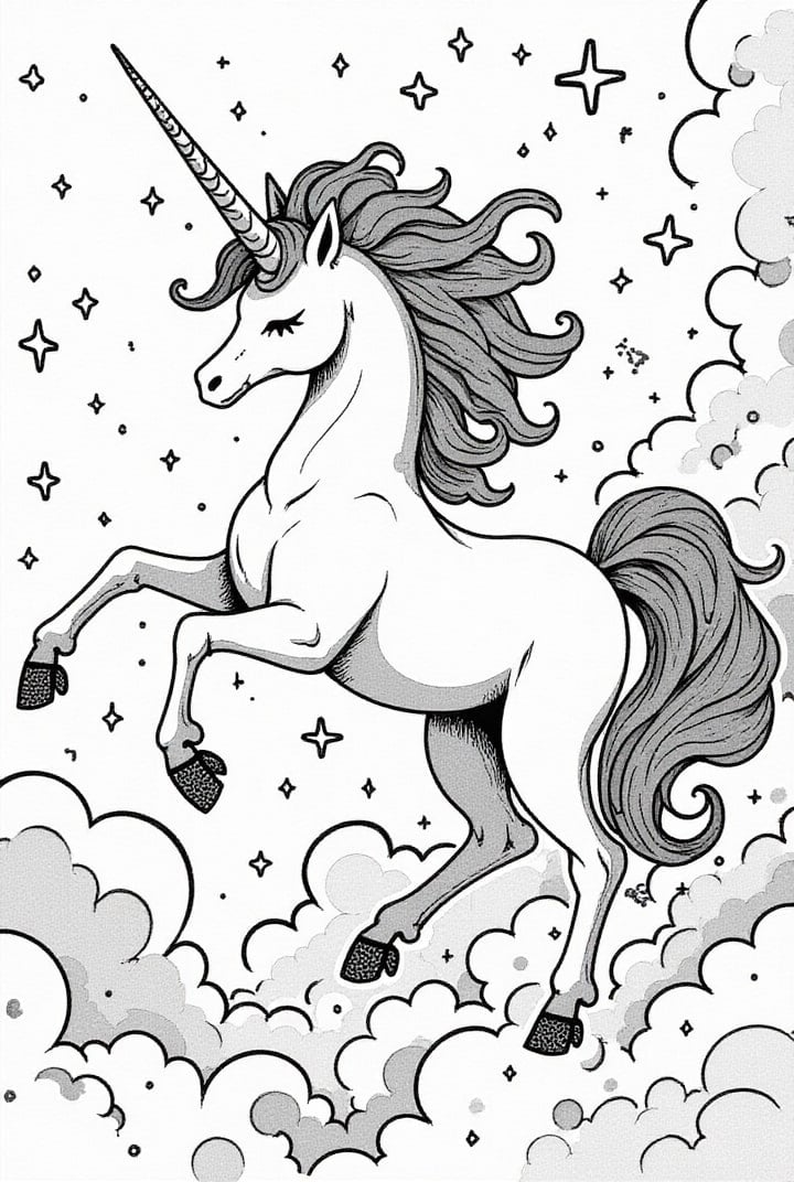 Disegno da colorare unicorno magico con stelle