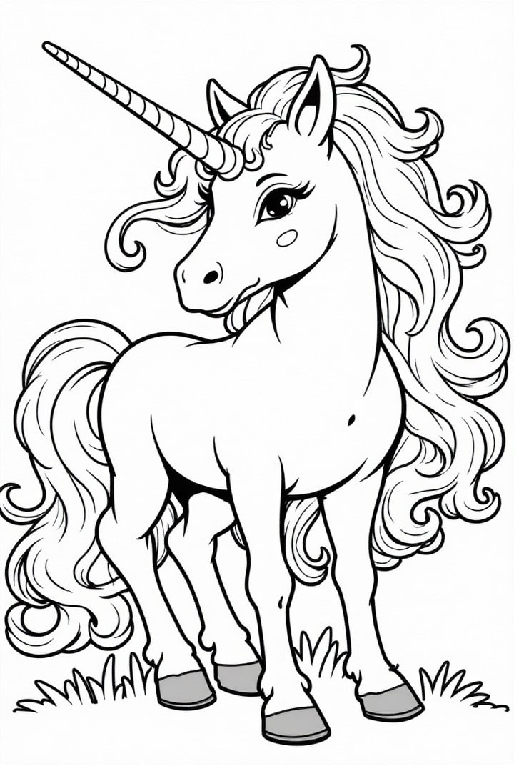 Disegno da colorare unicorno nel prato