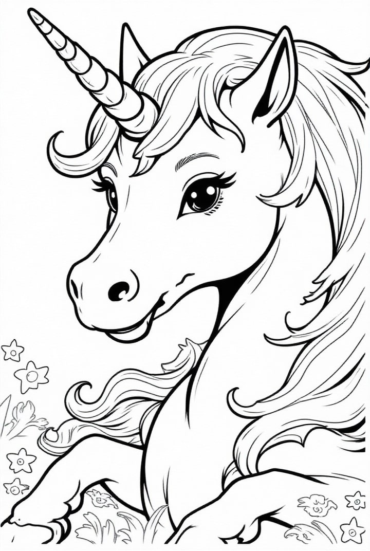 Disegno da colorare unicorno nel prato