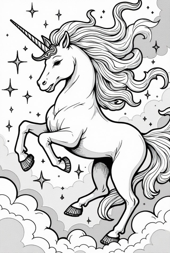 Disegno da colorare unicorno nella notte magica