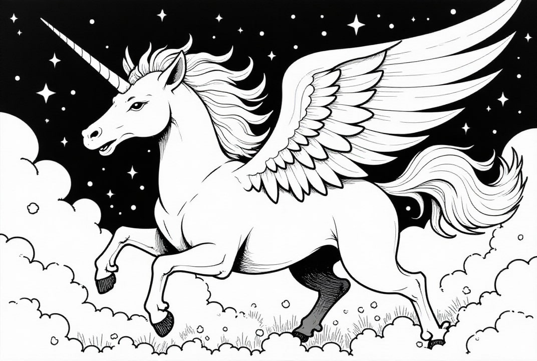 Disegno da colorare unicorno nella notte