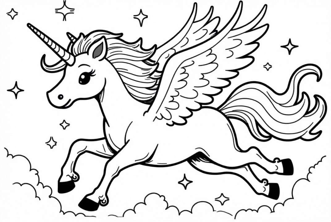 Disegno da colorare unicorno nella notte stellata