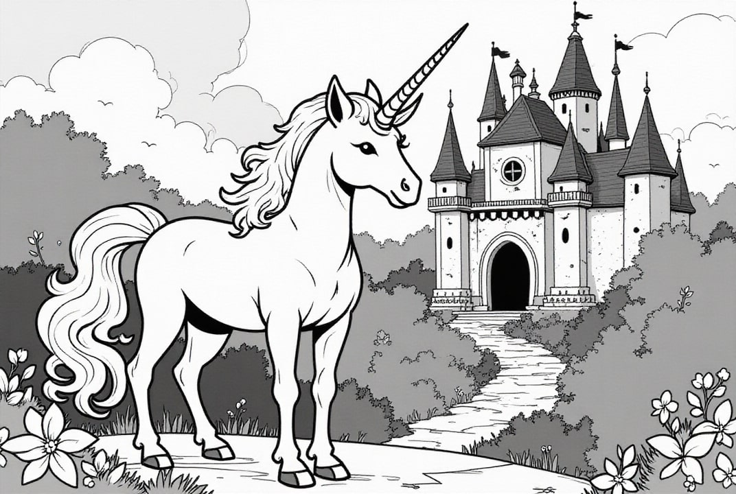Disegno da colorare unicorno per castello magico