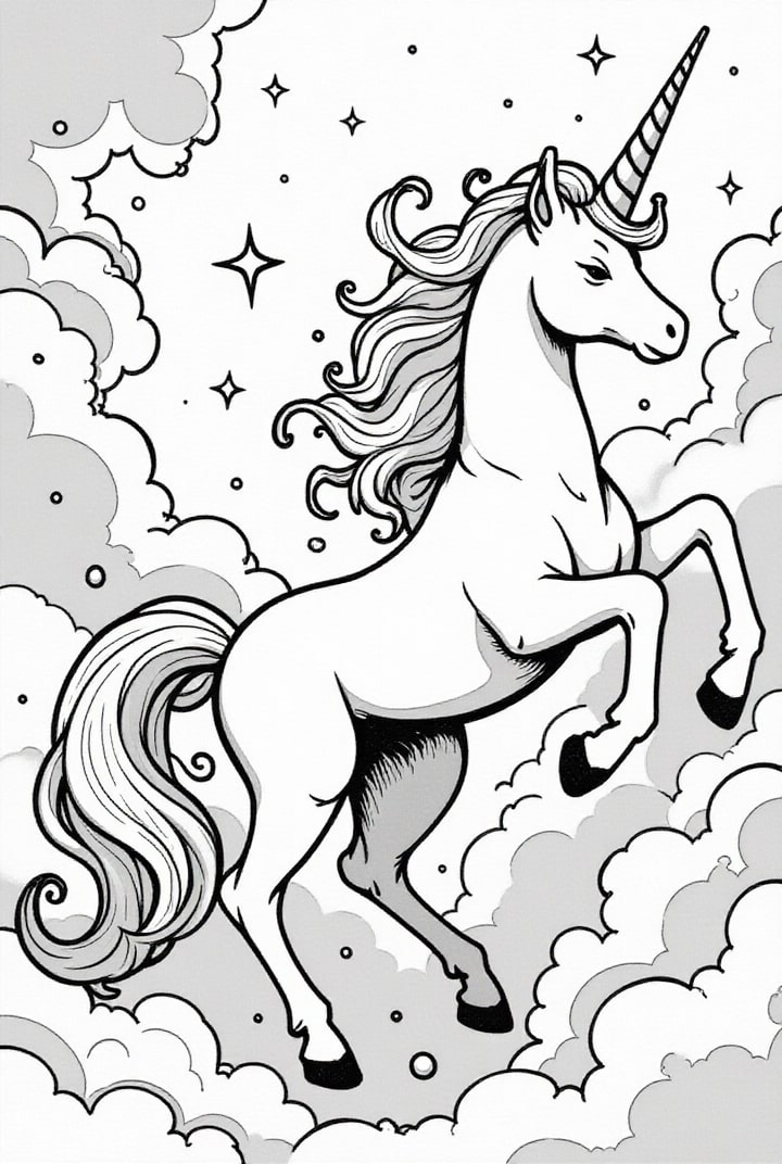 Disegno da colorare unicorno tra le nuvole