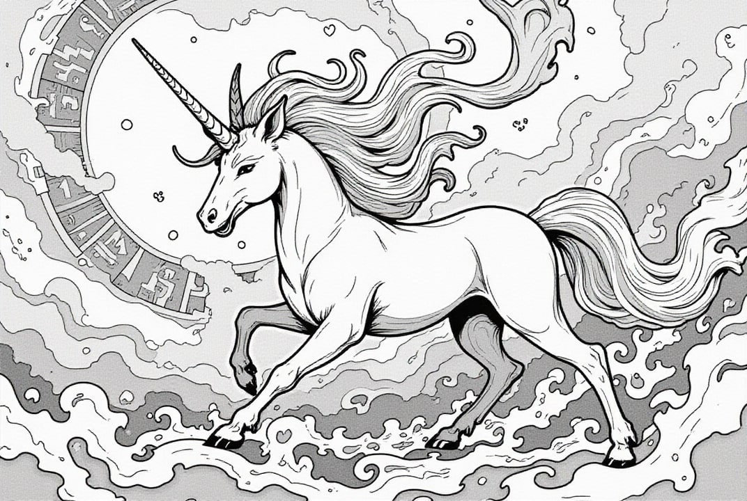 unicorno tra nuvole di magia