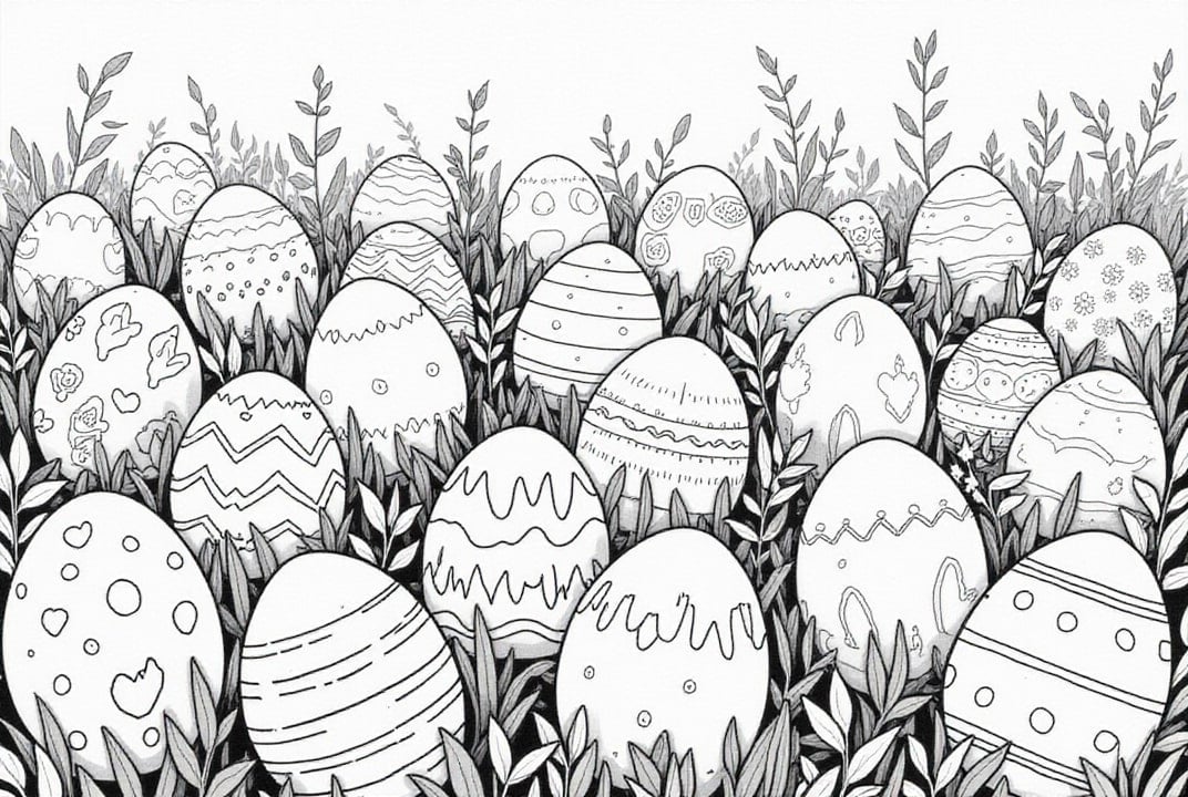Disegno da colorare uova di pasqua in giardino