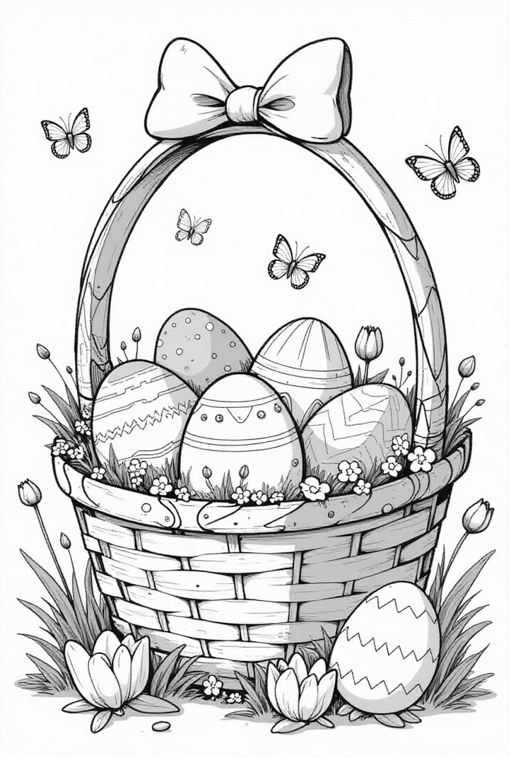 Disegno da colorare uova di Pasqua nel cestino