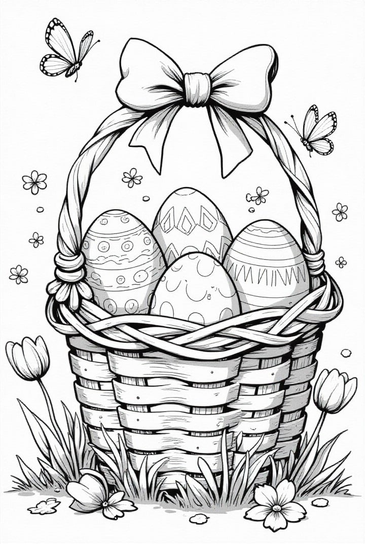 Disegno da colorare uova di Pasqua nel cestino